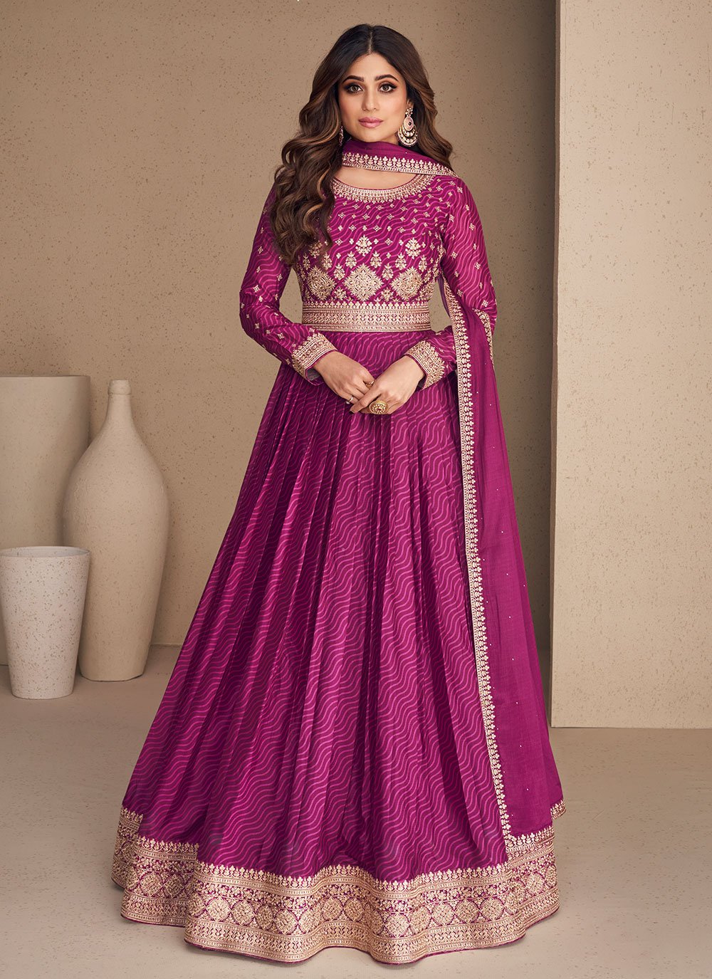 Gown Chinon Silk Purple Embroidered Gown