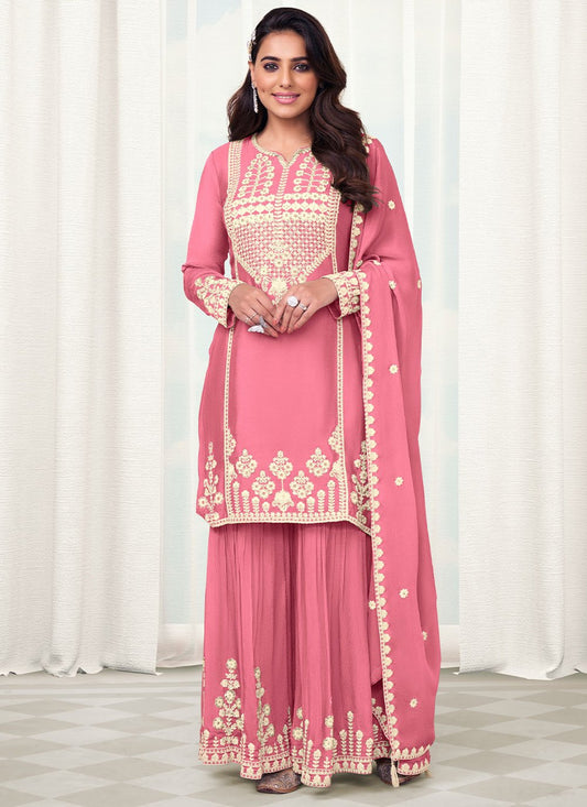 Sharara Set Chinon Pink Embroidered Salwar Kameez