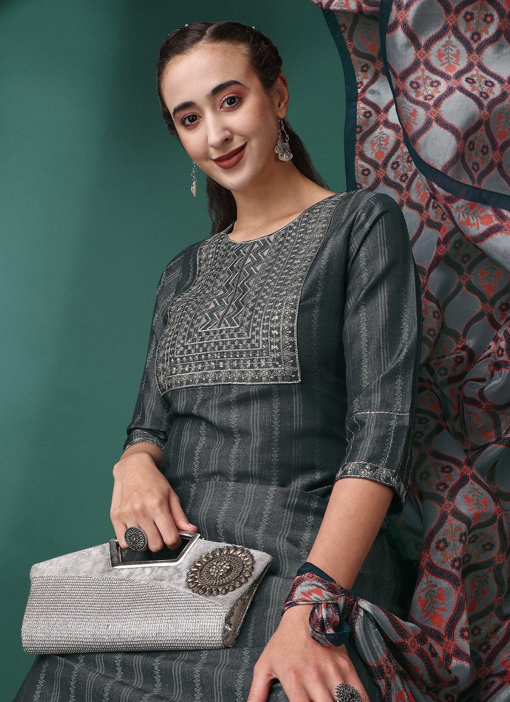 Straight Salwar Suit Chinon Grey Embroidered Salwar Kameez