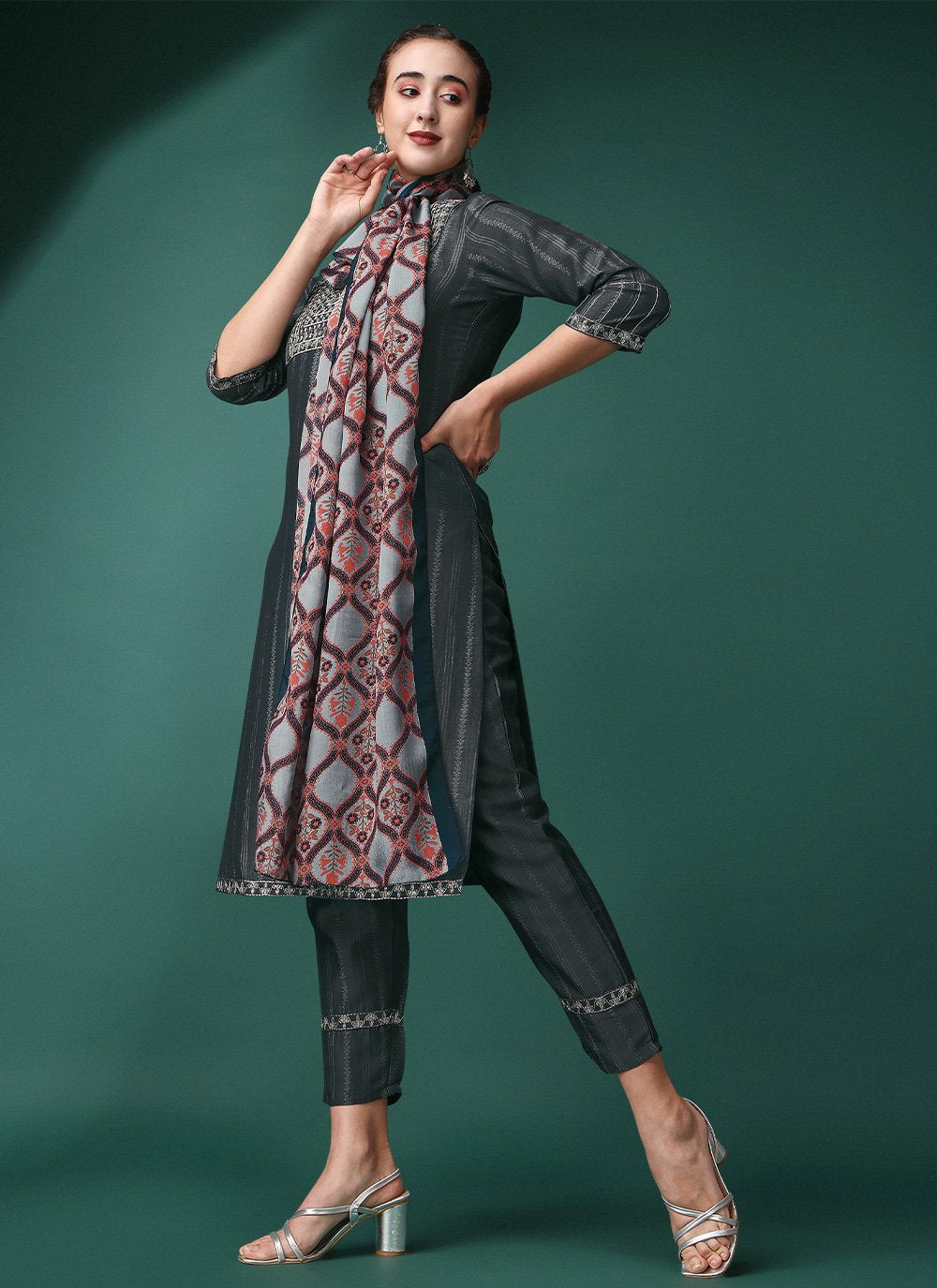 Straight Salwar Suit Chinon Grey Embroidered Salwar Kameez