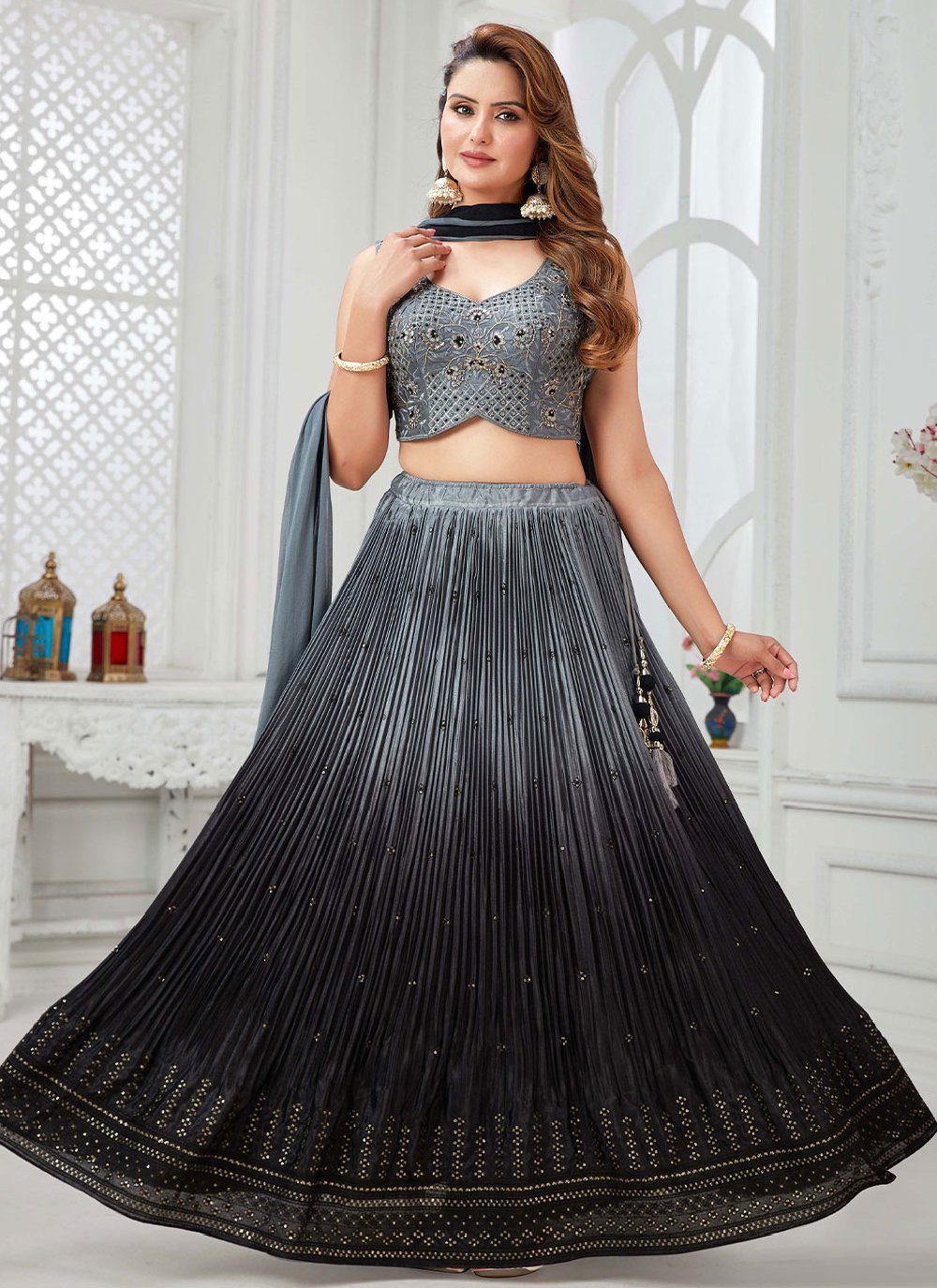 Lehenga Choli Chinon Black Grey Embroidered Lehenga Choli