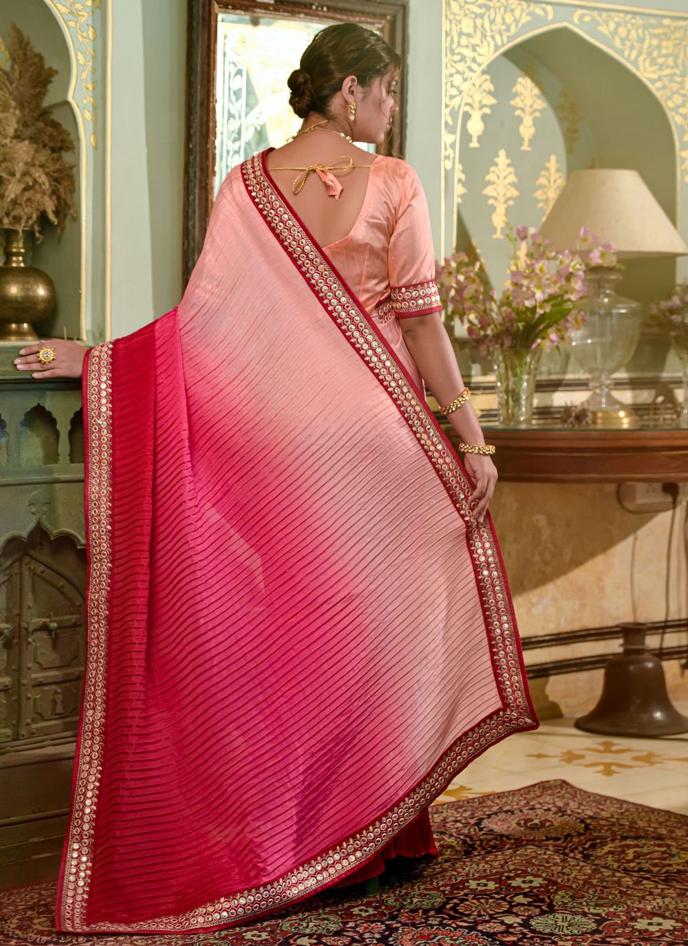 Trendy Saree Chinon Pink Embroidered Saree