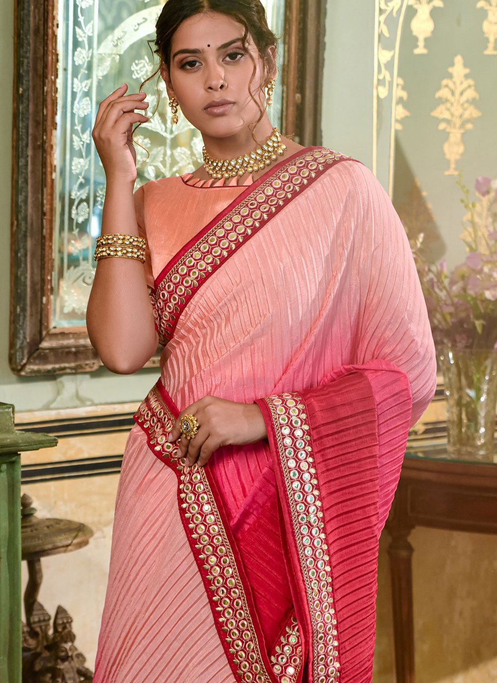 Trendy Saree Chinon Pink Embroidered Saree