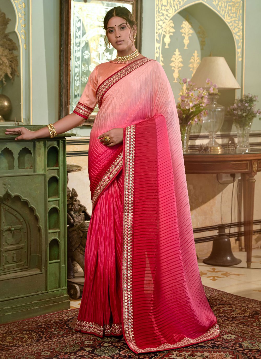 Trendy Saree Chinon Pink Embroidered Saree