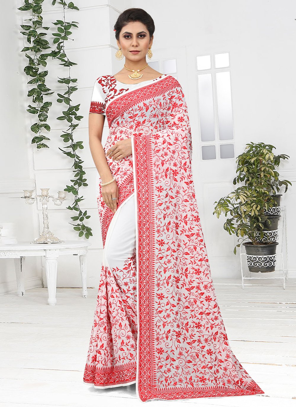 Classic Georgette White Embroidered Saree