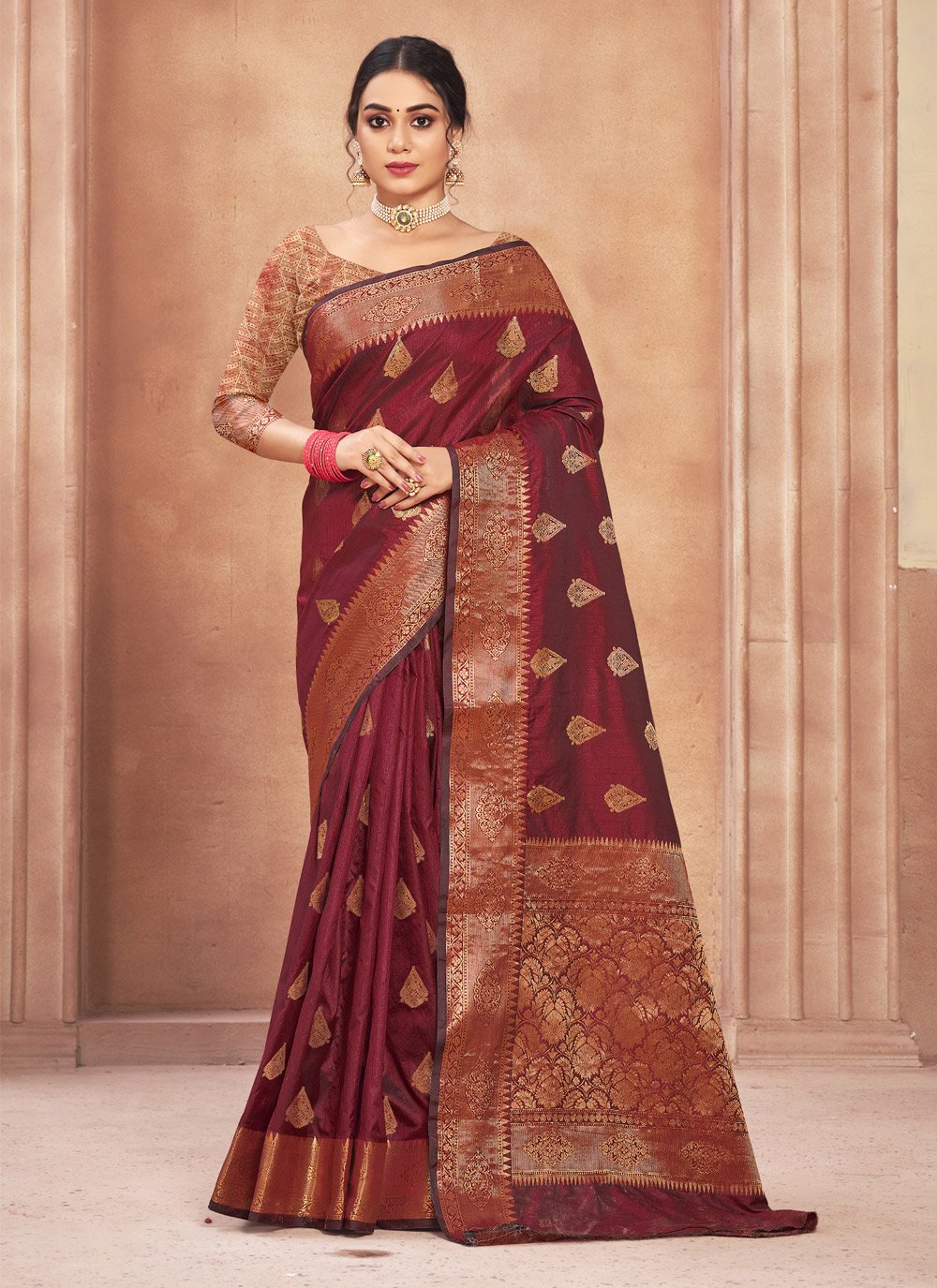 Classic Cotton Silk Maroon Embroidered Saree