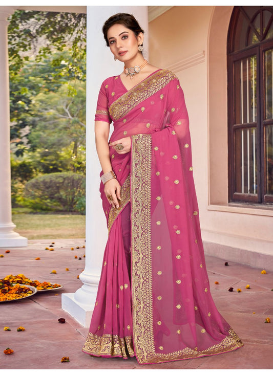 Classic Georgette Pink Embroidered Saree