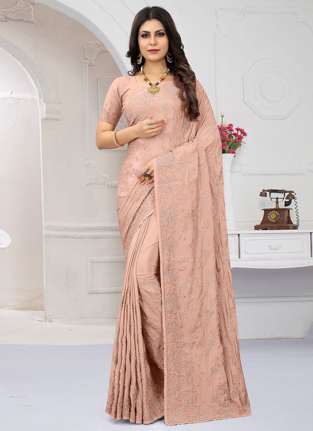 Classic Crepe Silk Peach Embroidered Saree