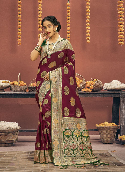 Classic Banarasi Silk Maroon Embroidered Saree