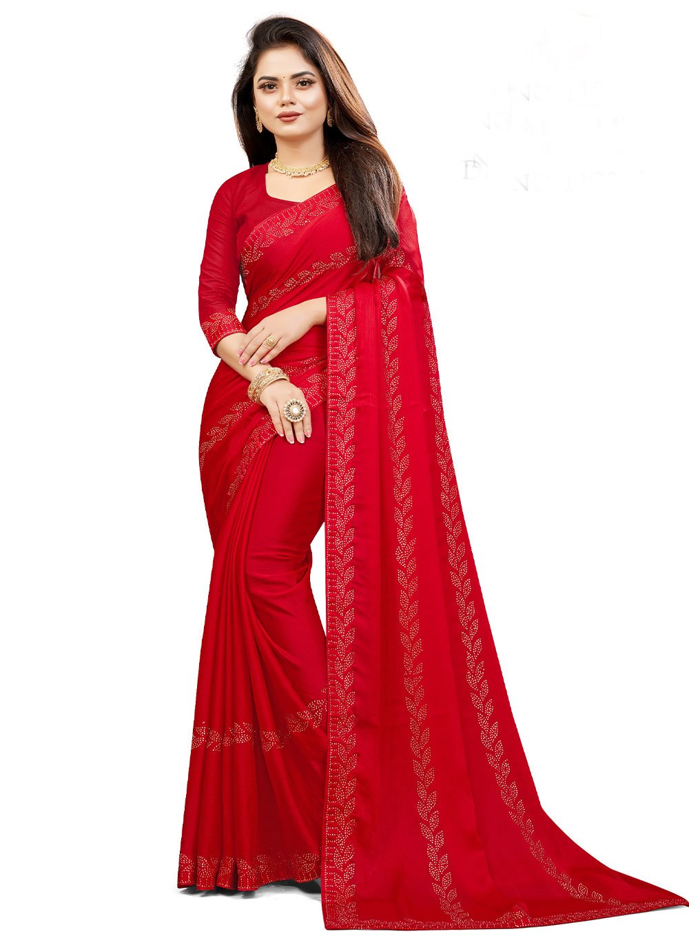 Classic Chiffon Satin Red Embroidered Saree