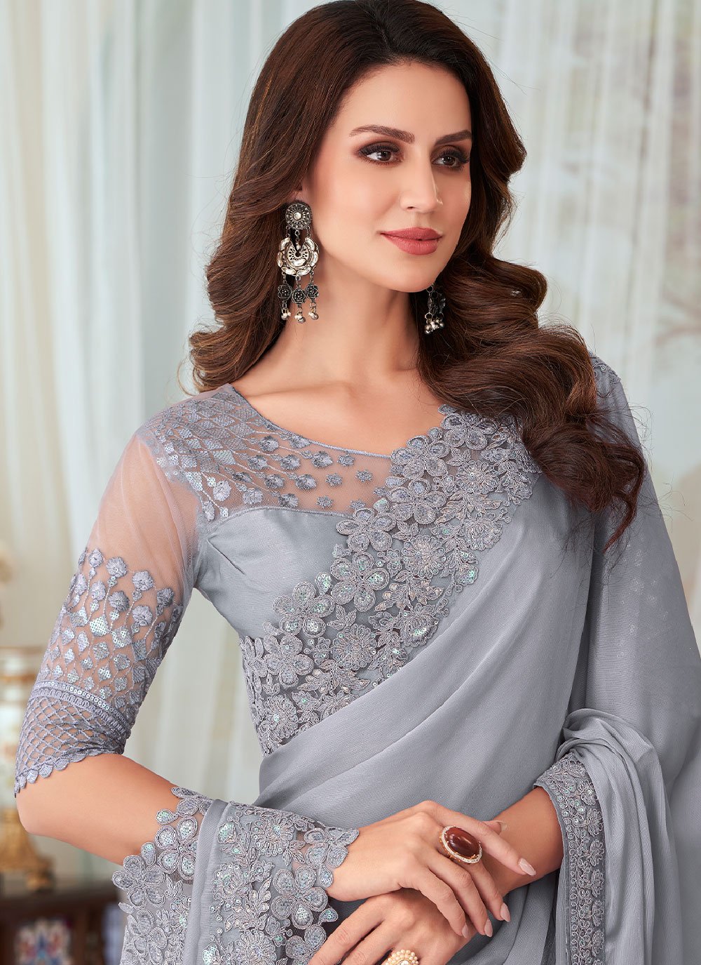 Classic Silk Grey Embroidered Saree