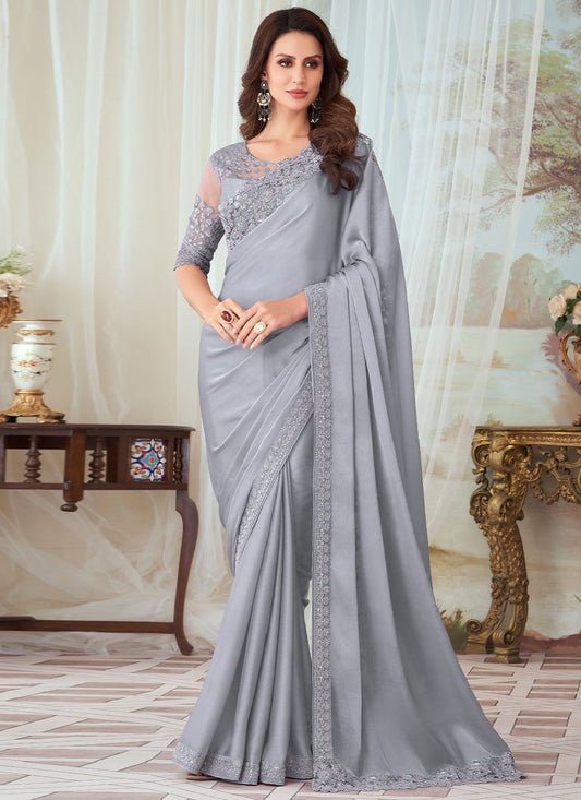 Classic Silk Grey Embroidered Saree