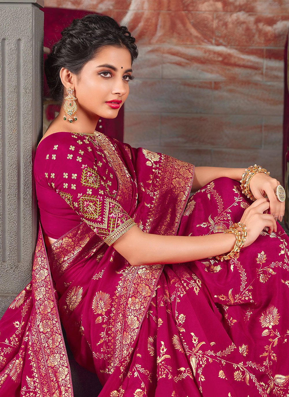 Classic Pure Dola Silk Magenta Embroidered Saree