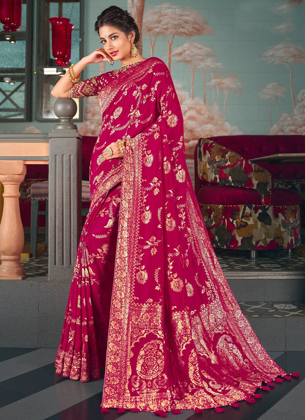 Classic Pure Dola Silk Magenta Embroidered Saree