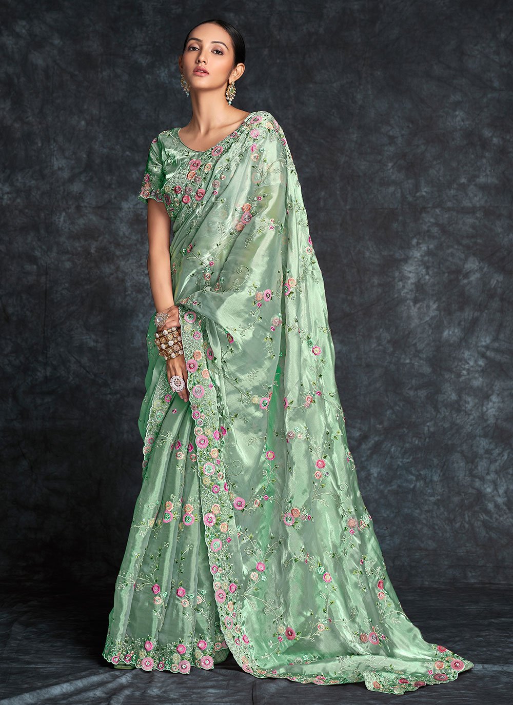 Classic Organza Sea Green Embroidered Saree