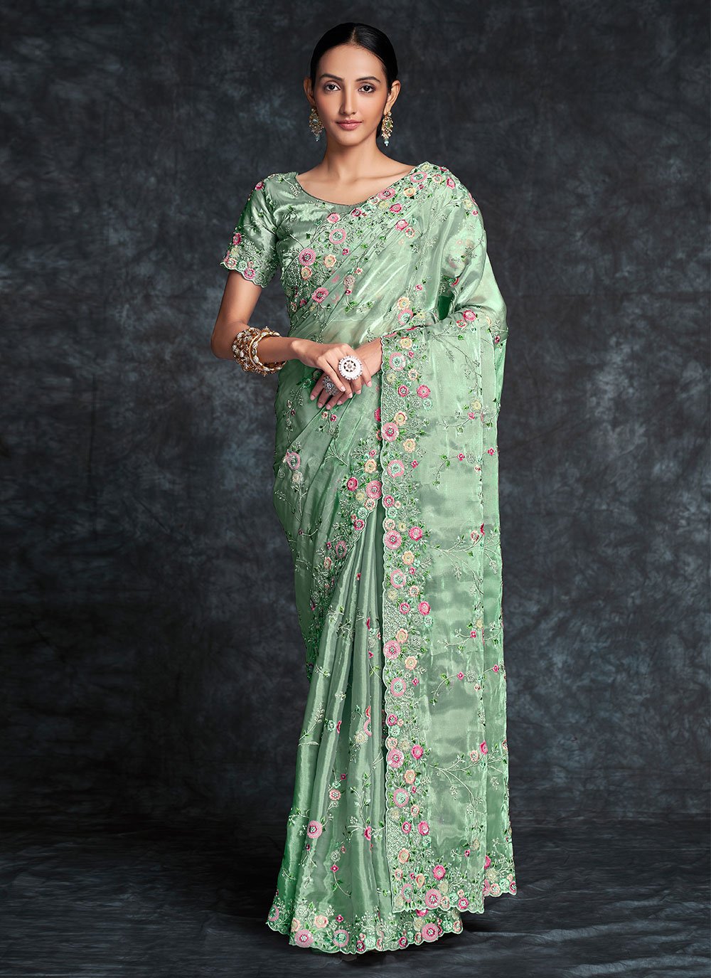 Classic Organza Sea Green Embroidered Saree