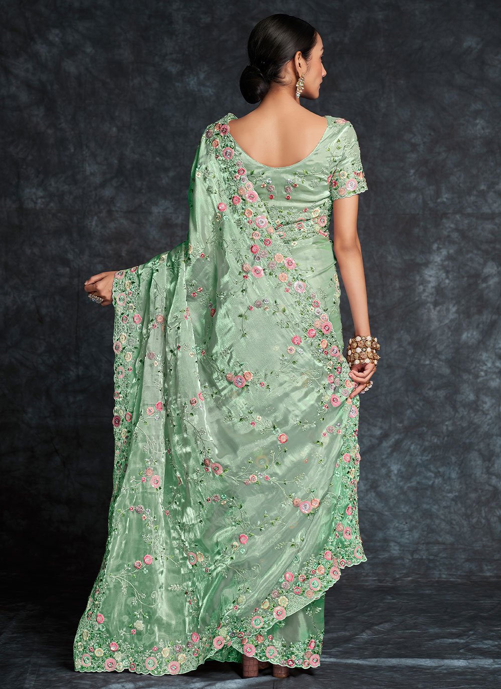 Classic Organza Sea Green Embroidered Saree