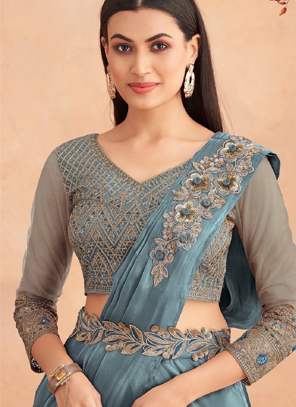 Classic Silk Grey Embroidered Saree