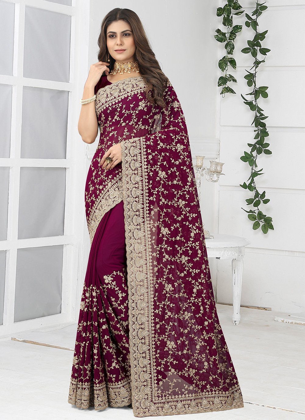 Classic Georgette Wine Embroidered Saree