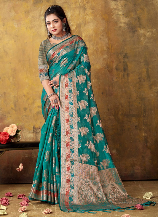 Classic Organza Aqua Blue Embroidered Saree