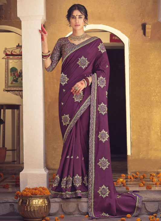 Contemporary Chinon Purple Embroidered Saree