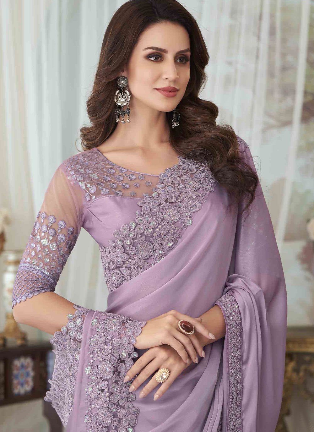 Contemporary Silk Lavender Embroidered Saree