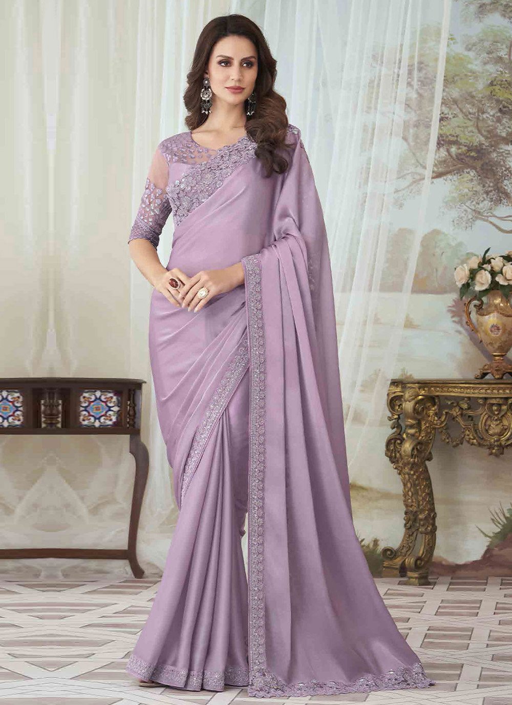 Contemporary Silk Lavender Embroidered Saree