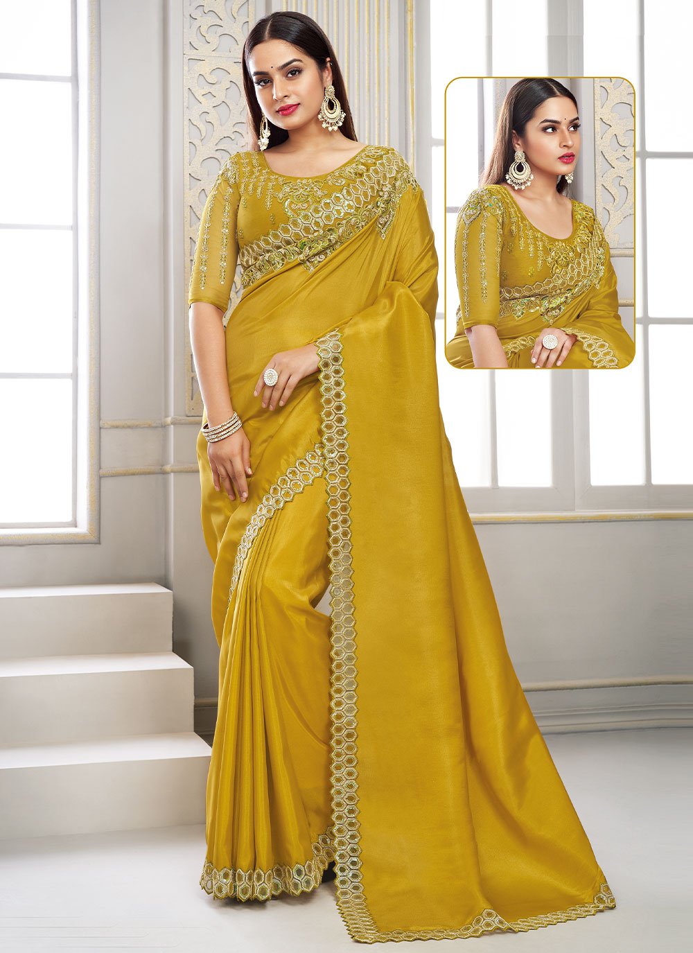 Contemporary Polyester Mustard Embroidered Saree