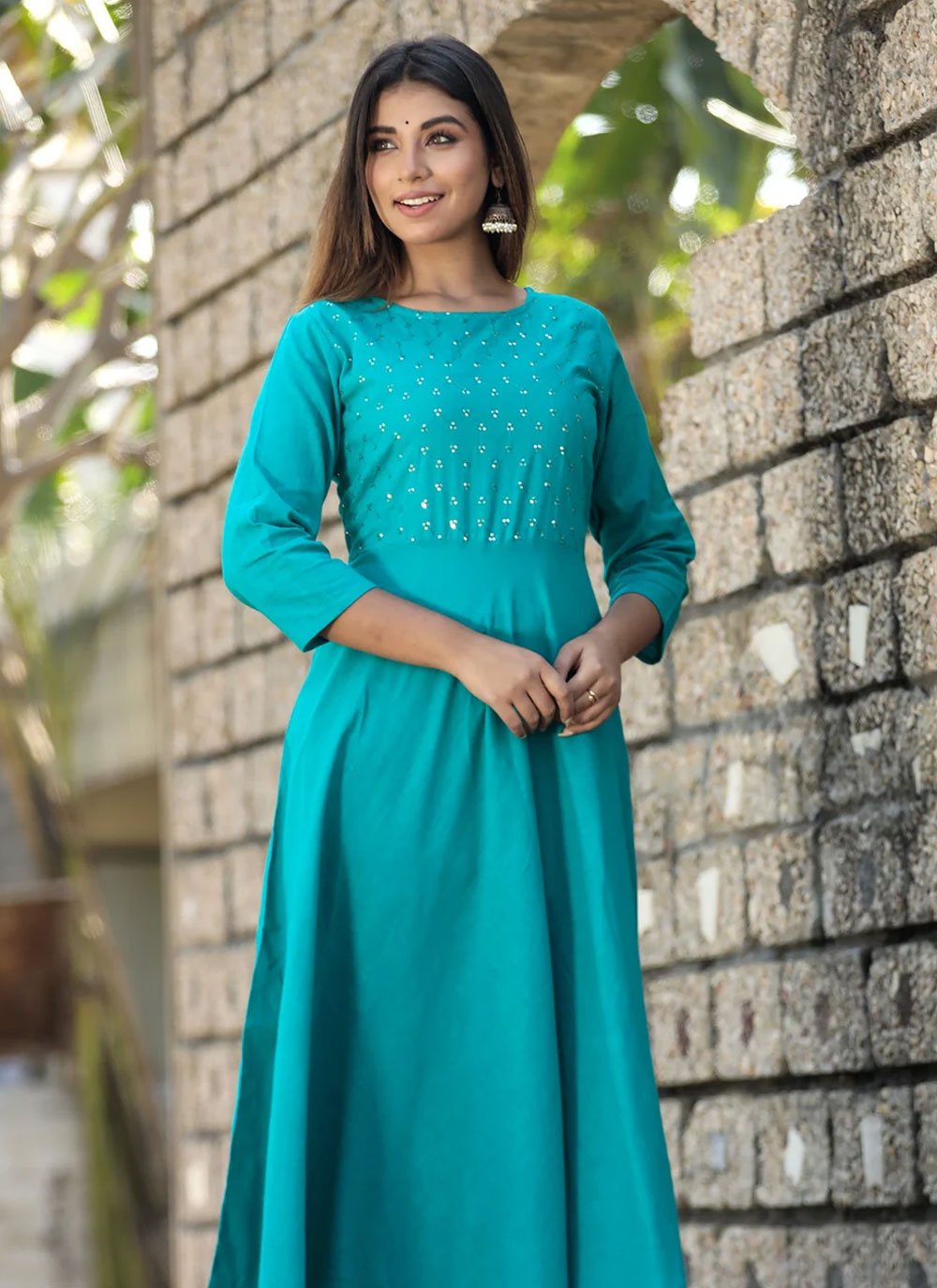 Casual Kurti Cotton Aqua Blue Embroidered Kurtis