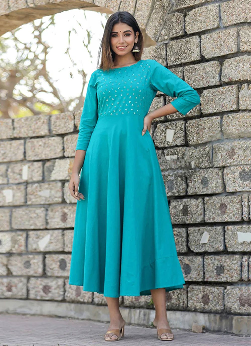 Casual Kurti Cotton Aqua Blue Embroidered Kurtis