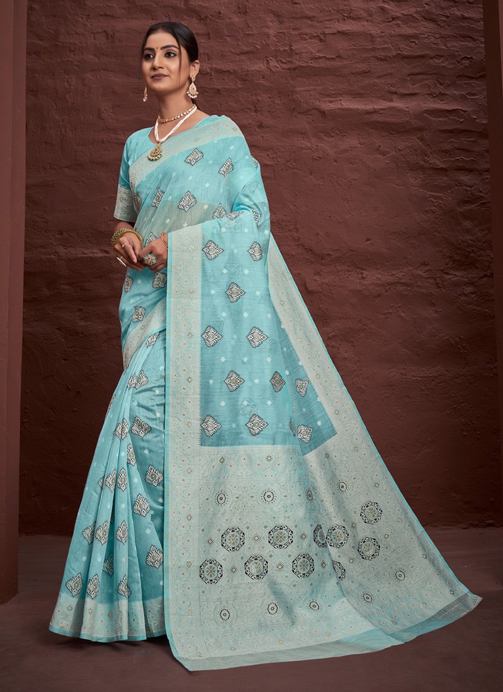 Designer Cotton Aqua Blue Embroidered Saree