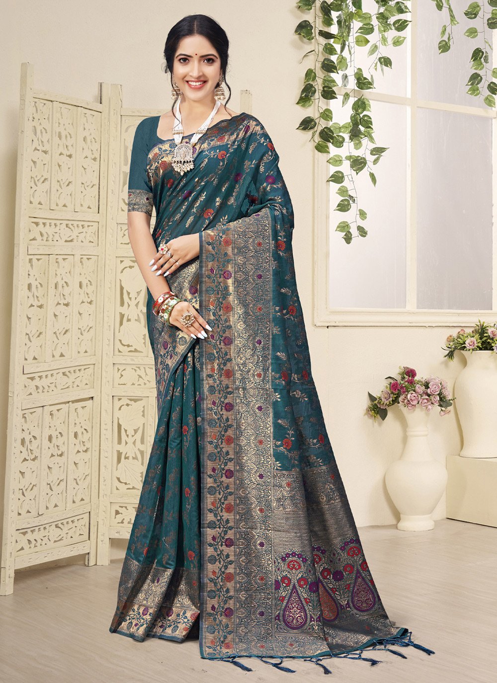 Classic Cotton Teal Embroidered Saree