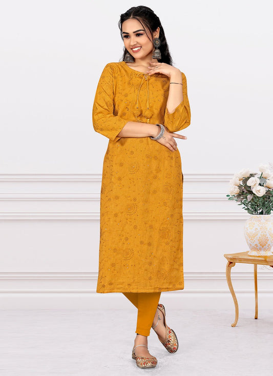 Designer Kurti Cotton Orange Embroidered Kurtis