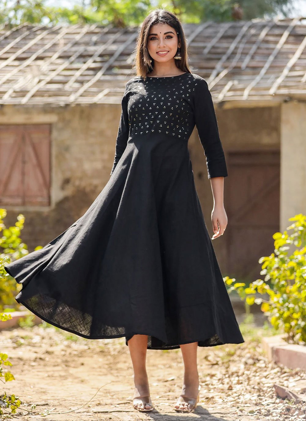 Designer Kurti Cotton Black Embroidered Kurtis