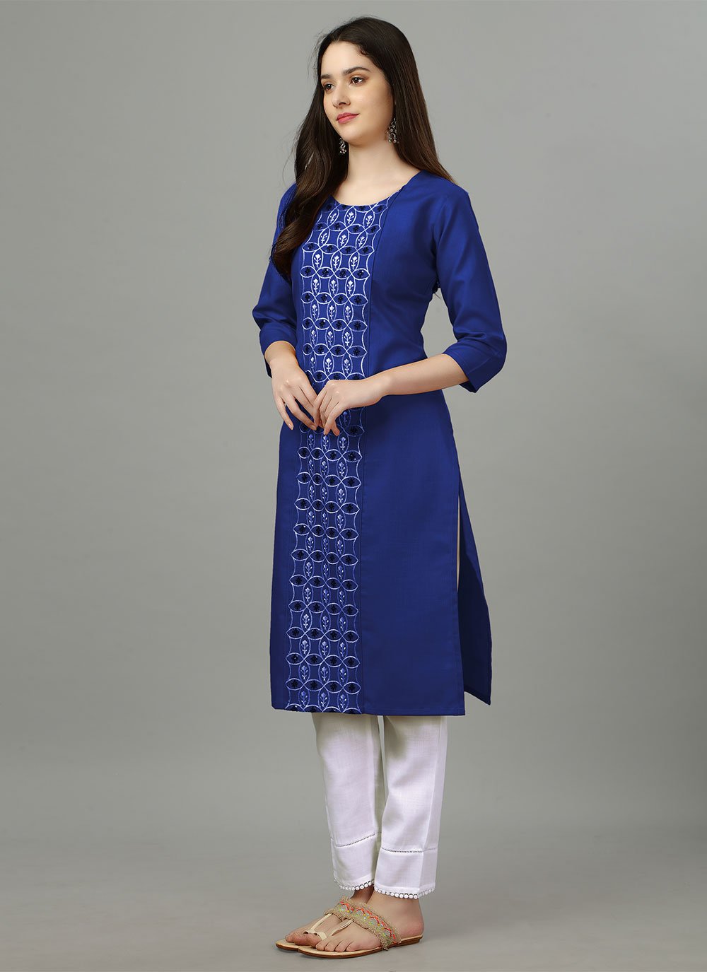 Designer Kurti Cotton Blue Embroidered Kurtis