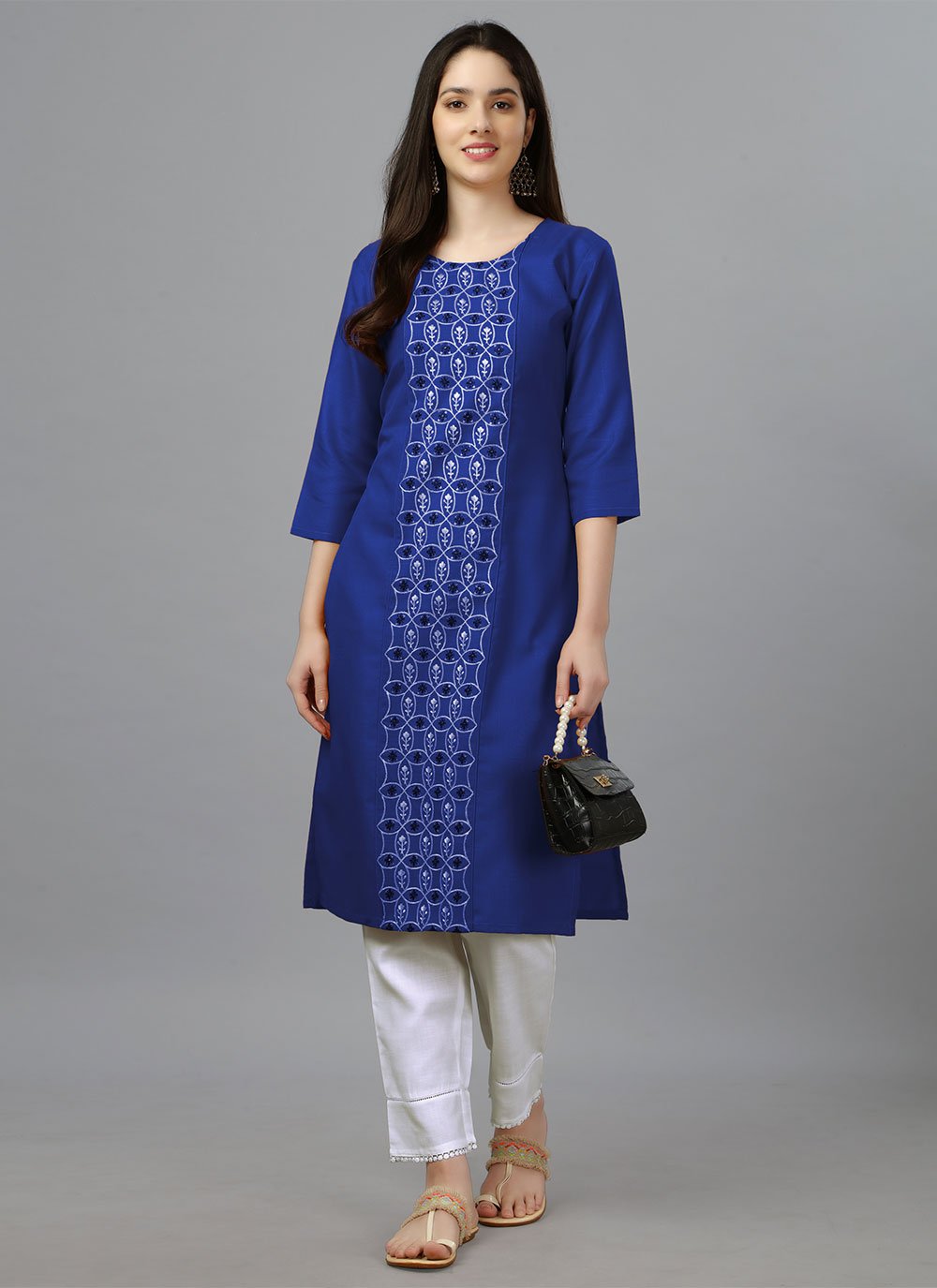 Designer Kurti Cotton Blue Embroidered Kurtis