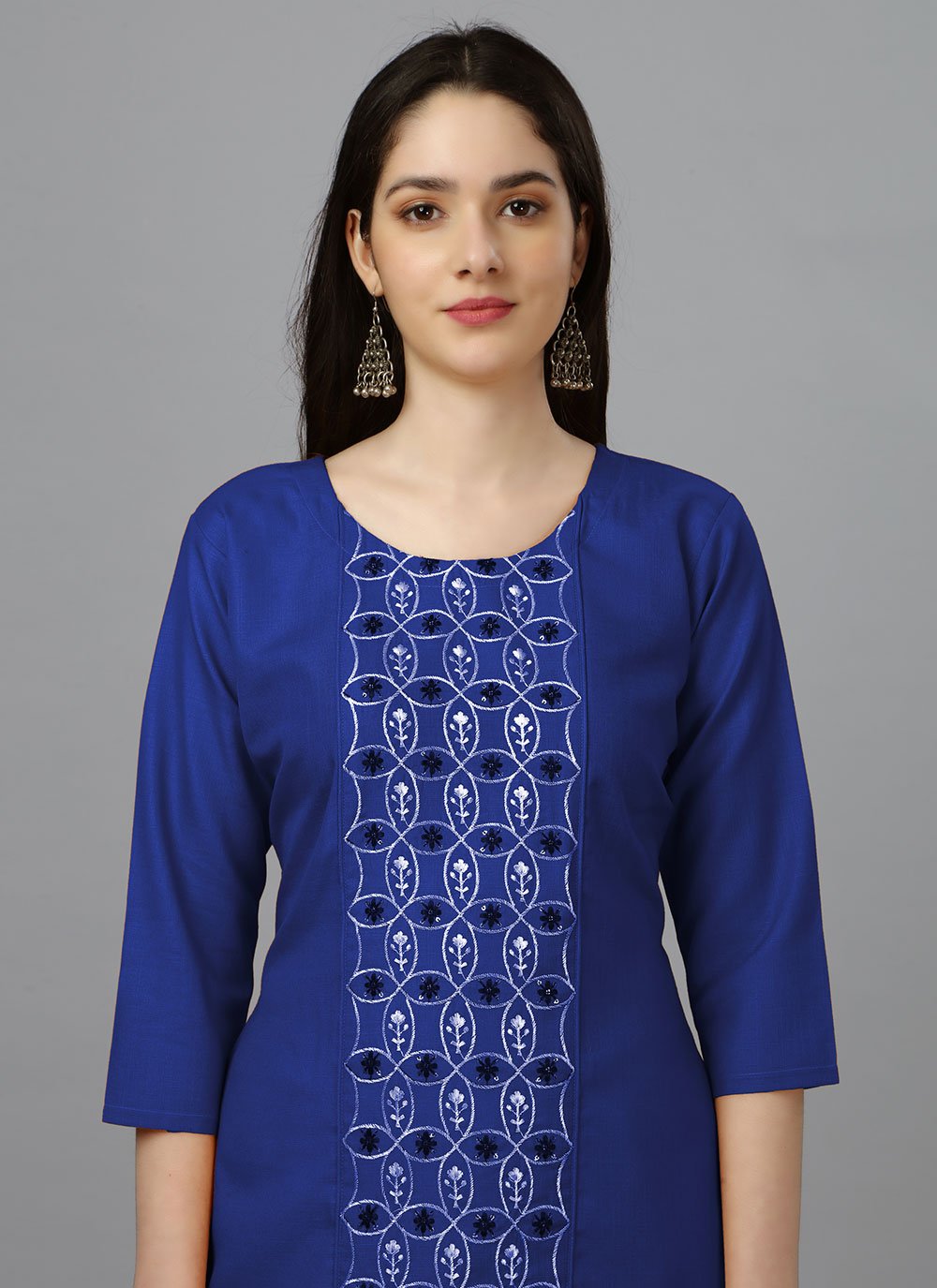 Designer Kurti Cotton Blue Embroidered Kurtis