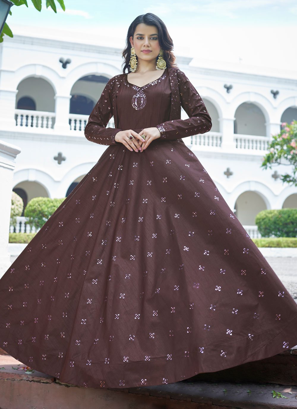 Gown Cotton Brown Embroidered Gown