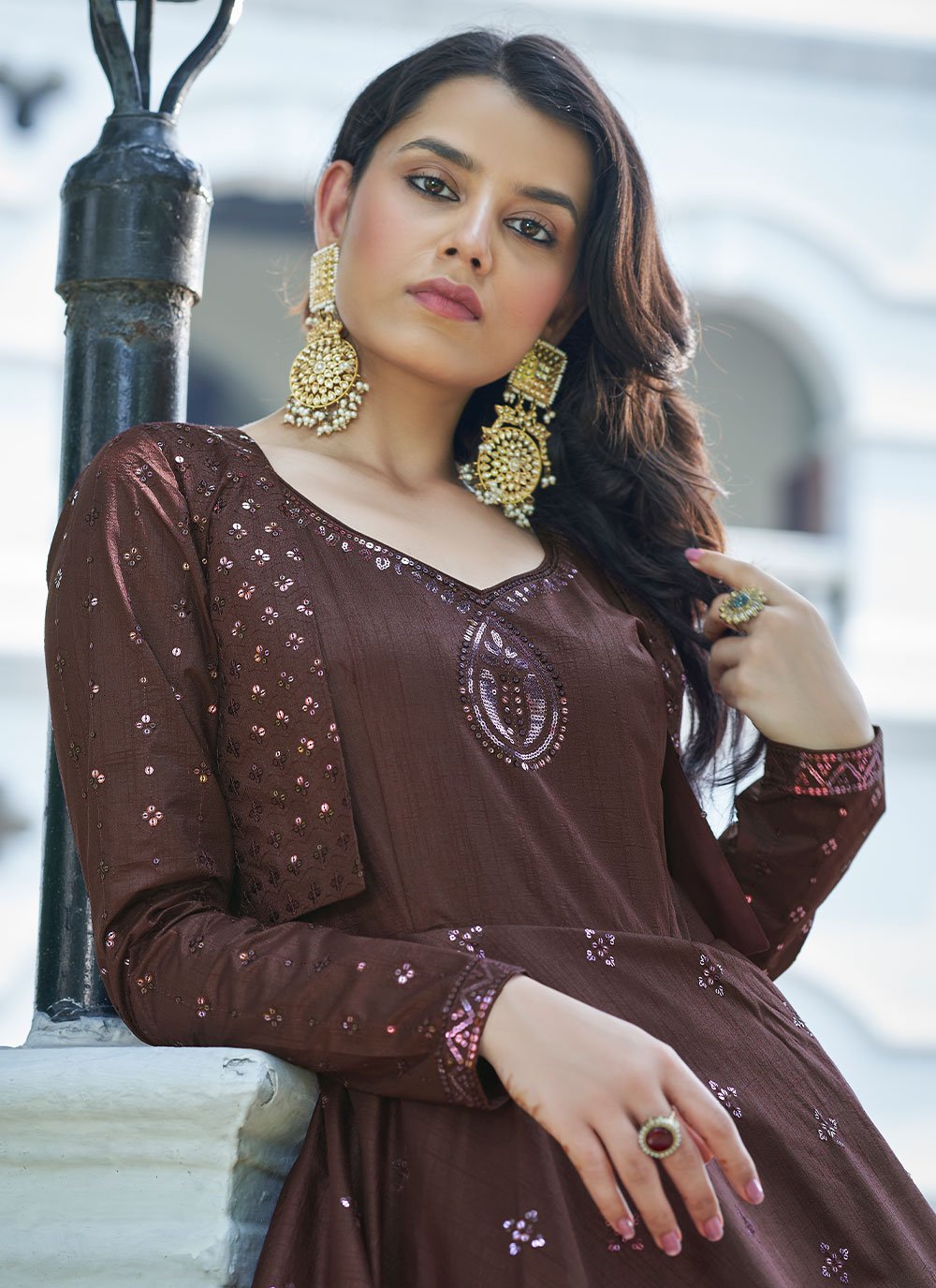 Gown Cotton Brown Embroidered Gown