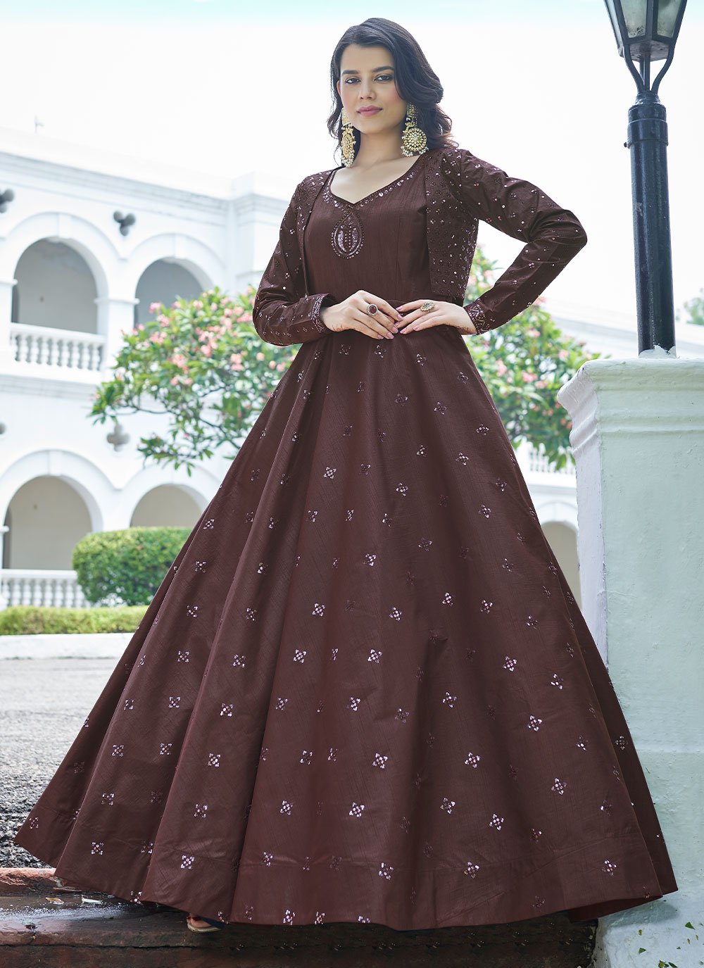 Gown Cotton Brown Embroidered Gown