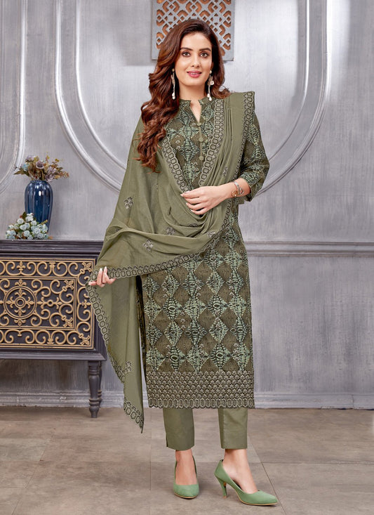 Pant Style Suit Cotton Green Embroidered Salwar Kameez