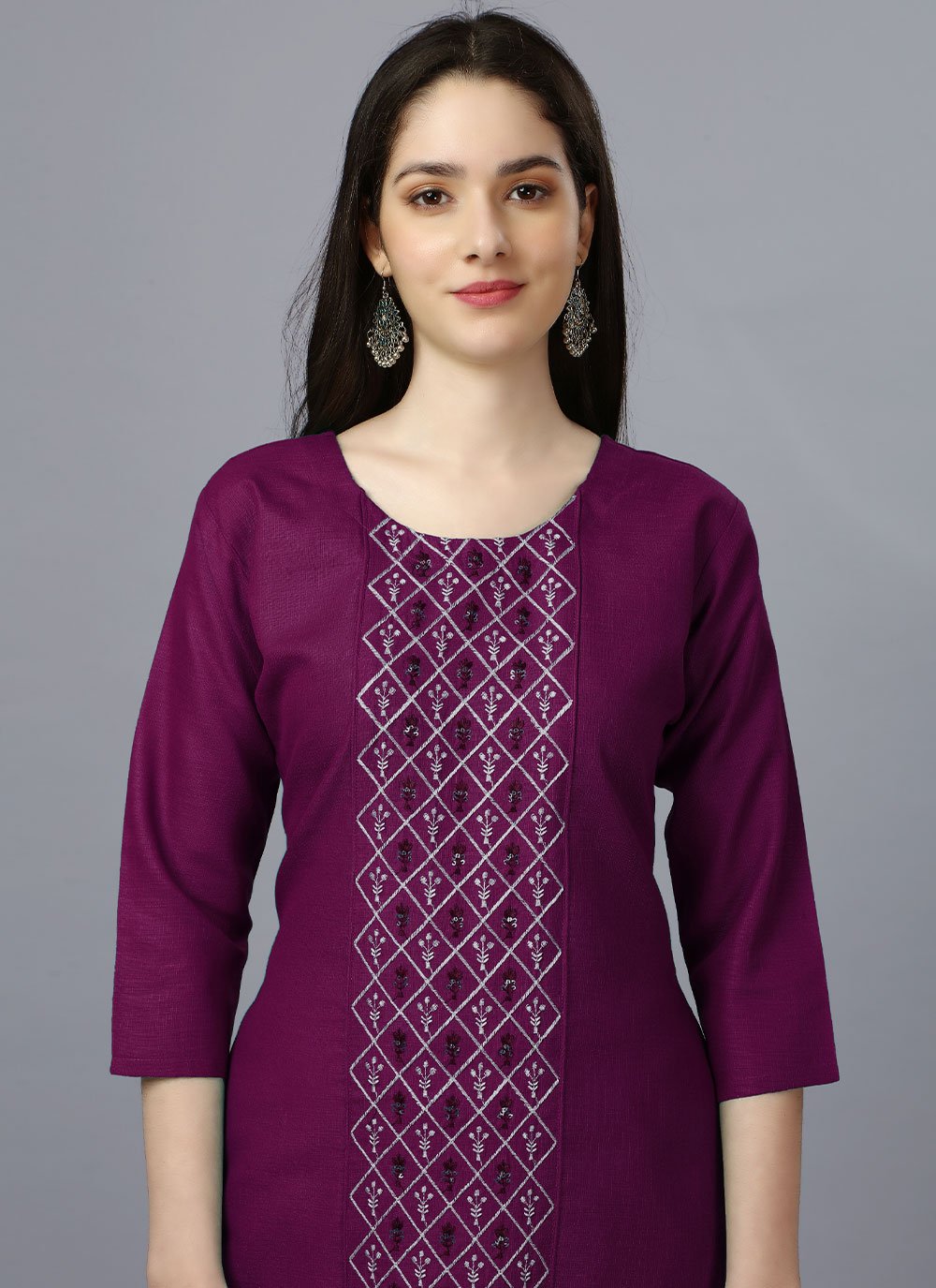 Party Wear Kurti Cotton Magenta Embroidered Kurtis