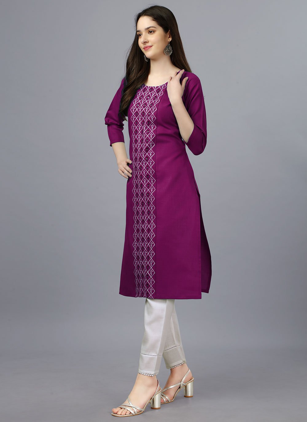 Party Wear Kurti Cotton Magenta Embroidered Kurtis