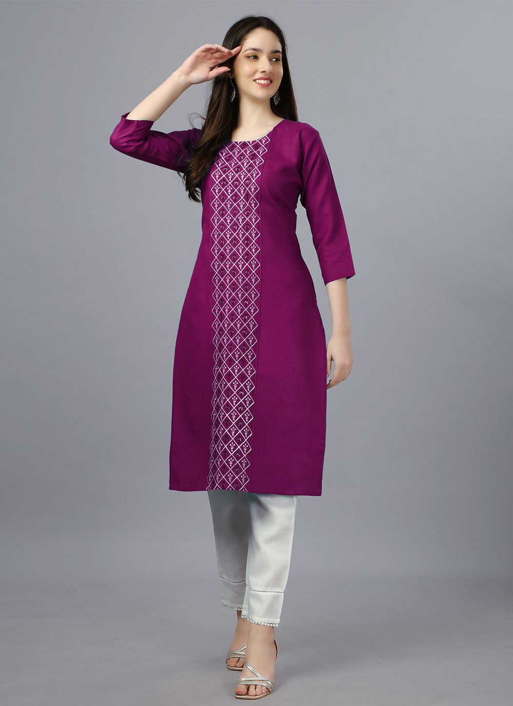 Party Wear Kurti Cotton Magenta Embroidered Kurtis