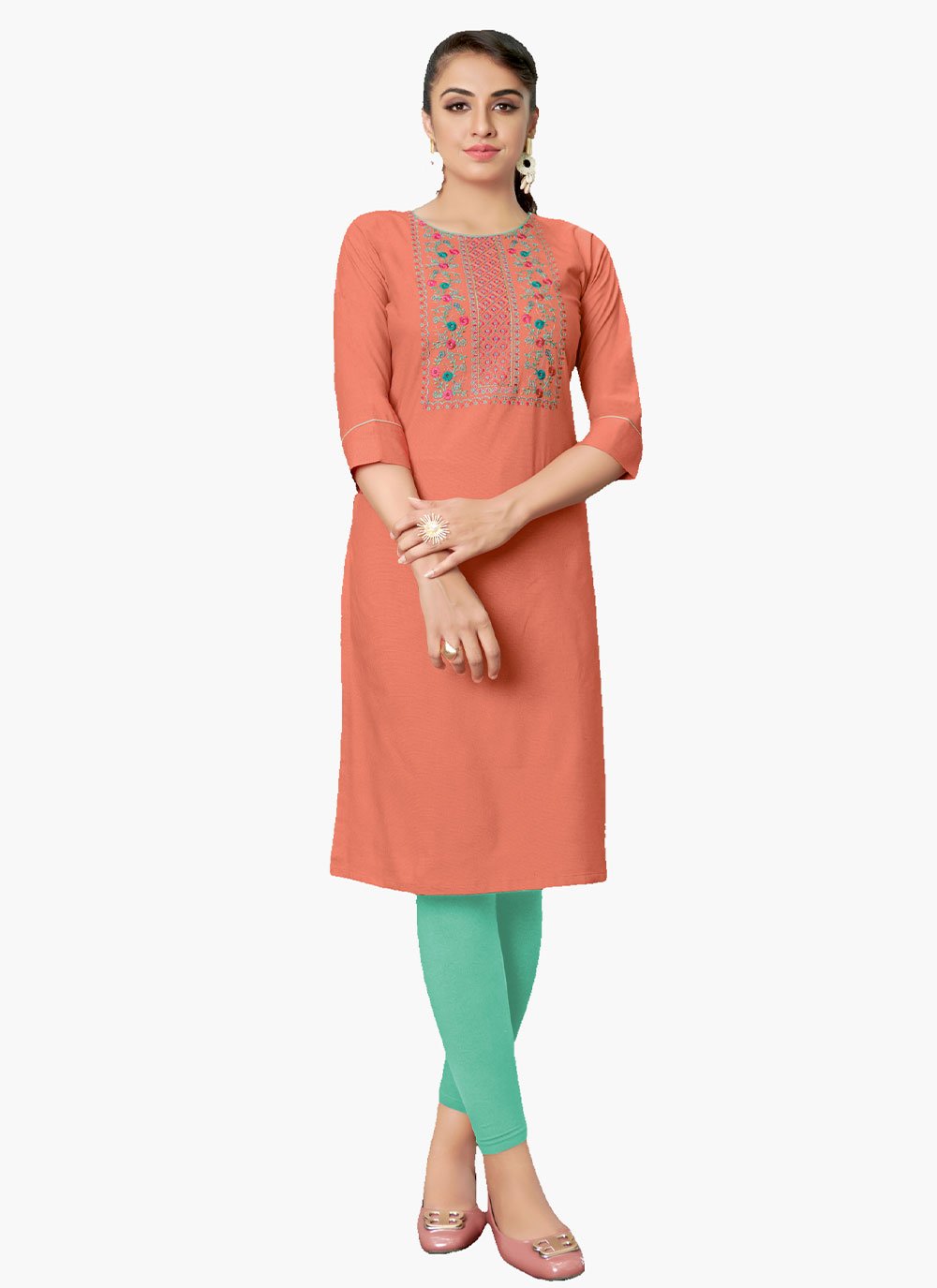 Casual Kurti Cotton Orange Embroidered Kurtis