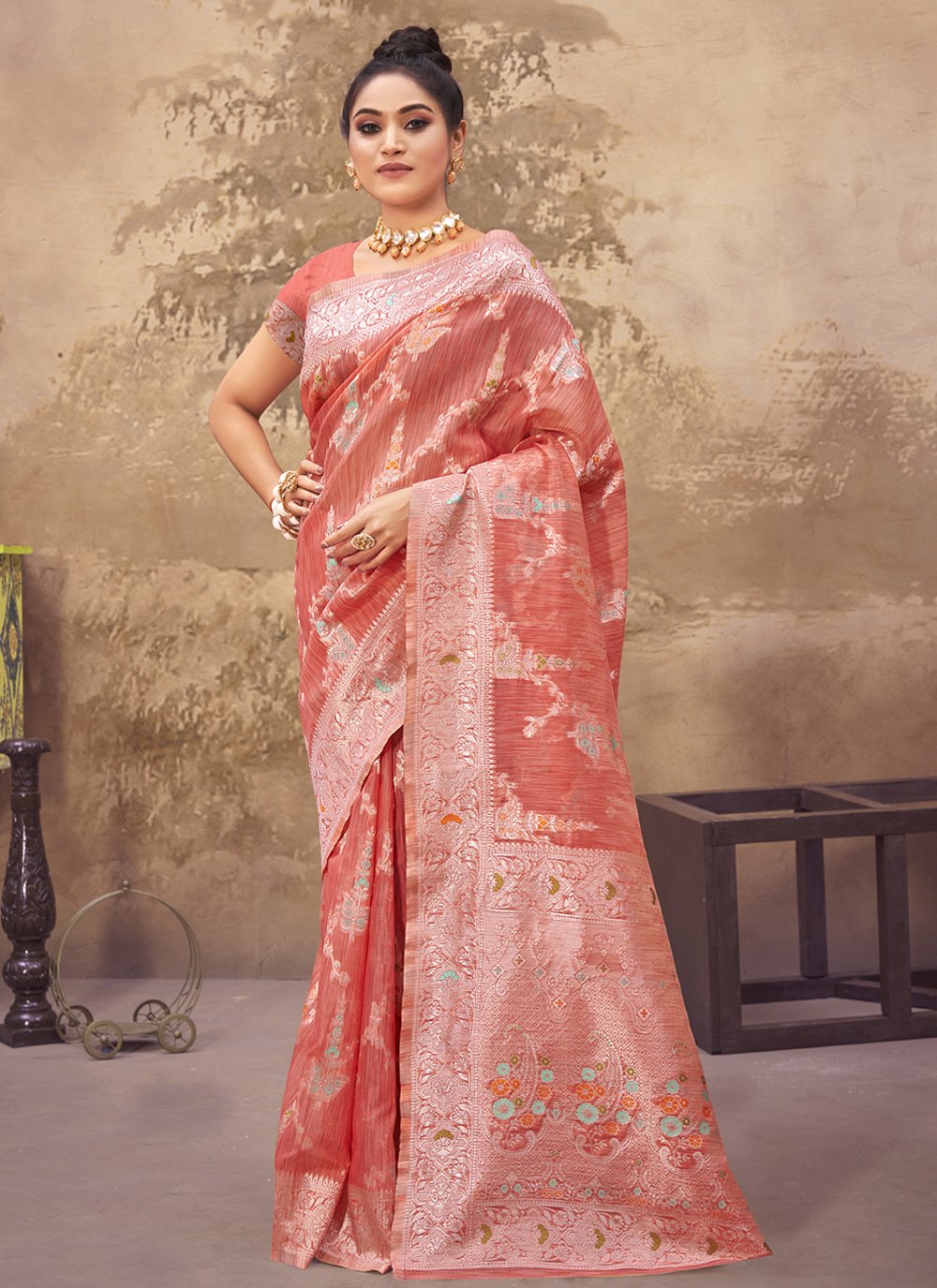 Designer Cotton Silk Pink Embroidered Saree