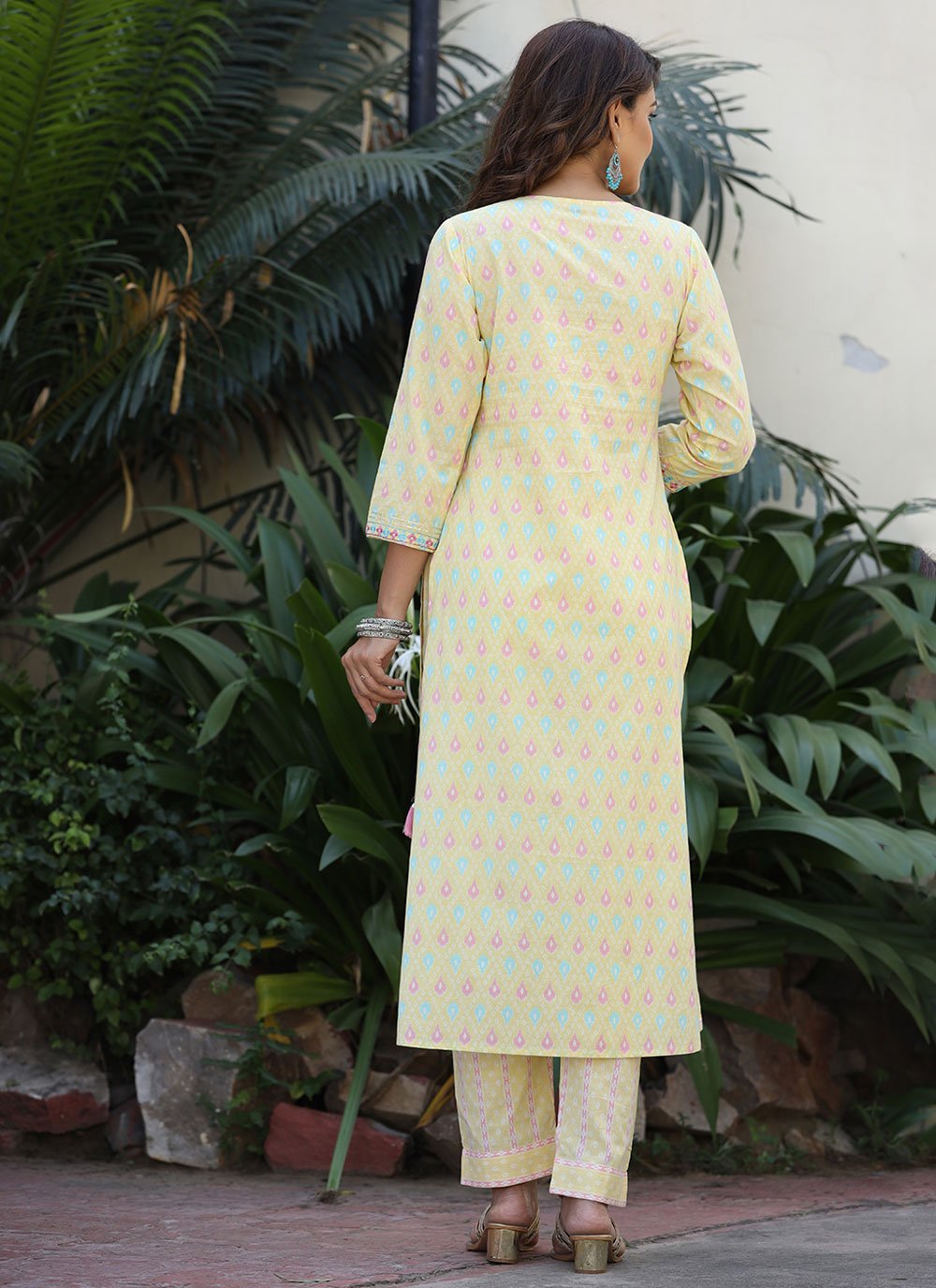 Designer Kurti Cotton Yellow Embroidered Kurtis