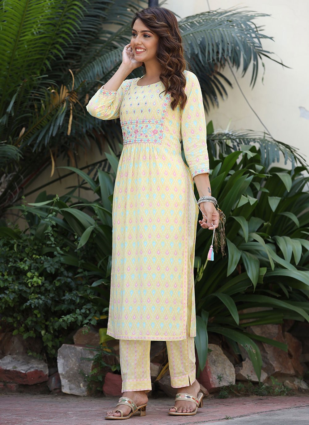 Designer Kurti Cotton Yellow Embroidered Kurtis