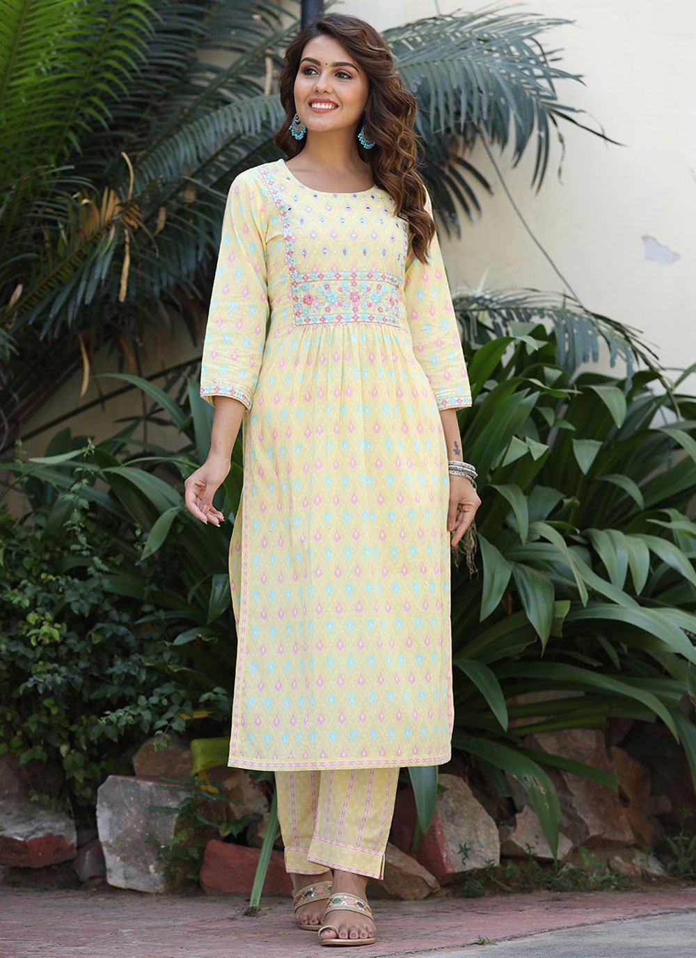 Designer Kurti Cotton Yellow Embroidered Kurtis