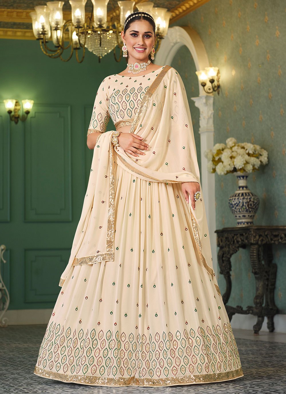 A Line Lehenga Georgette Cream Embroidered Lehenga Choli